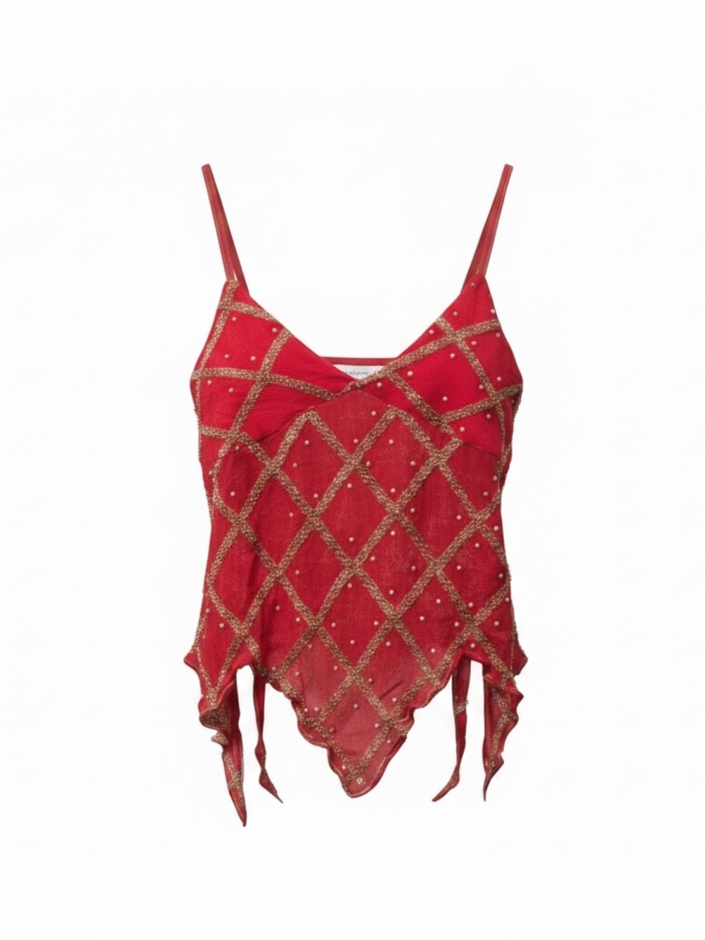 Red Embellished Spaghetti Strap Camisole with Gold Accents